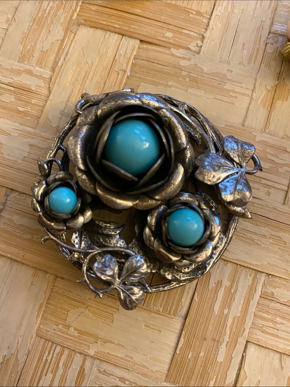 vintage silver-tone floral brooch turquoise colored cabochons